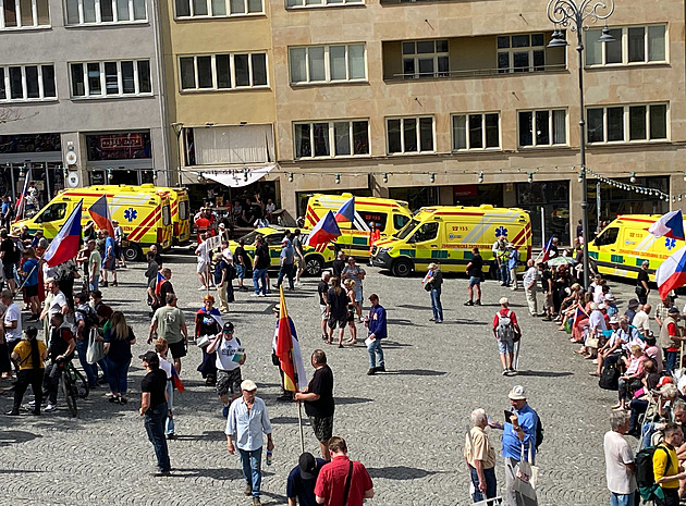 Odpůrci sudetského sněmu se střídají v řečnění, lidé kolabují na náměstí vedrem